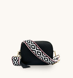 Black Leather Crossbody Bag With Black & Red Aztec Strap