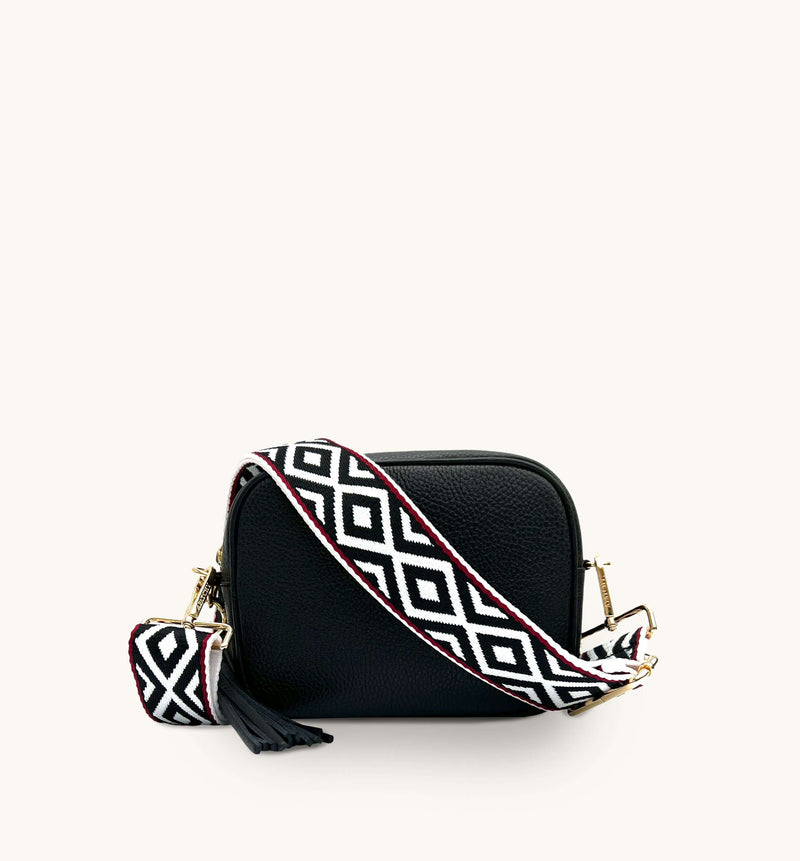 Apatchy Black Leather crossbody bag with black and red aztec strap