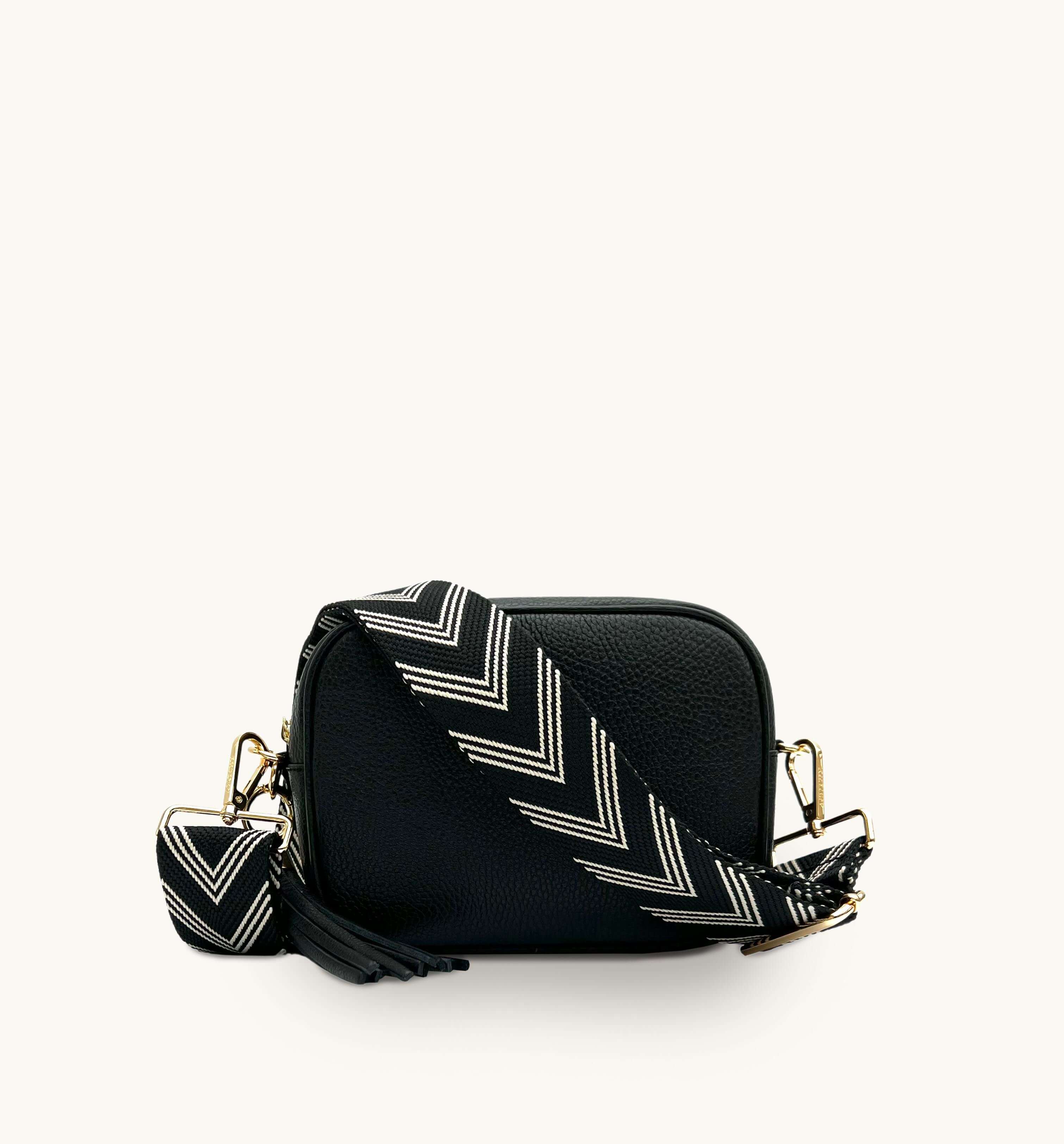 Apatchy Black leather crossbody bag with black and stone arrow strap