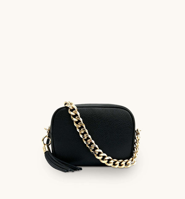 Apatchy Black Leather crossbody bag with gold chain