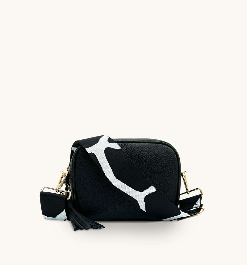 Black Leather Crossbody Bag With Black & White Giraffe Strap