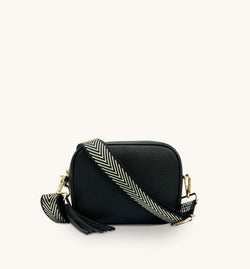 Black Leather Crossbody Bag With Black & Gold Chevron Strap