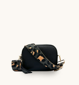 Apatchy black leather crossbody bag with grey leopard strap