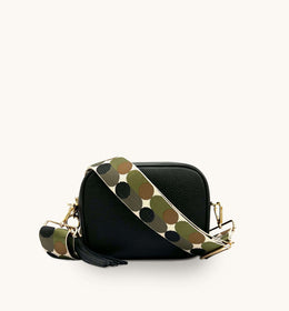 Apatchy black leather crossbody bag with Khaki Pills strap