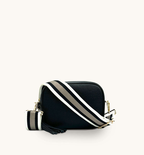 Apatchy Black Leather Crossbody Bag with Latte Stripe Strap