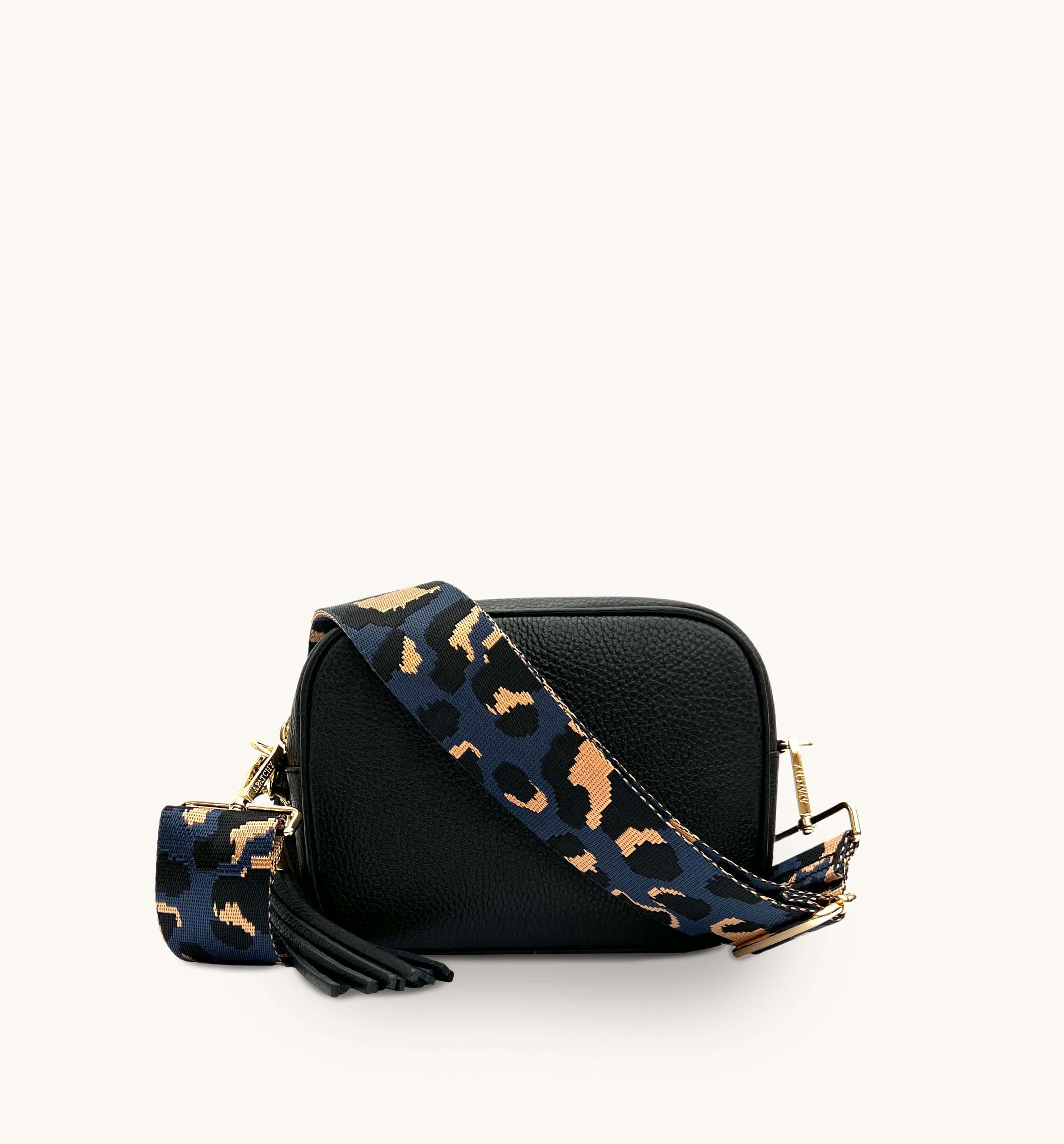 Black Leather Crossbody Bag With Navy Leopard Strap – Apatchy London