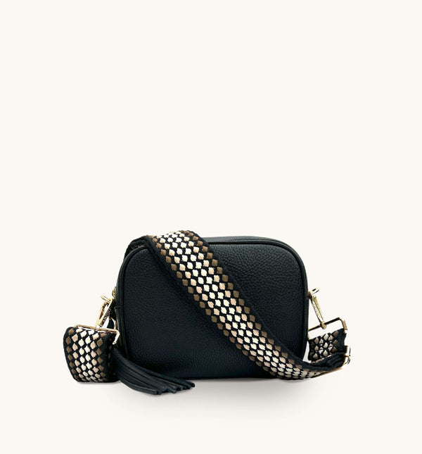 Apatchy Black leather crossbody bag with cappuccino dots strap