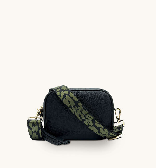 Apatchy Black Leather Crossbody Bag with Olive green cheetah Strap