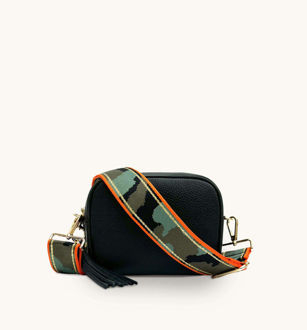 Apatchy Black Leather Crossbody Bag with Orange and Gold Camo Strap