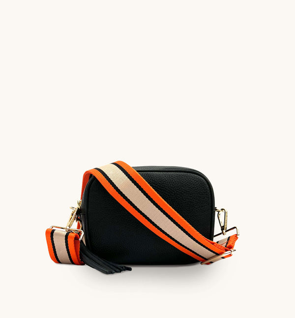 Apatchy Black Leather Crossbody Bag with Orange, Tan & Black Stripe Strap