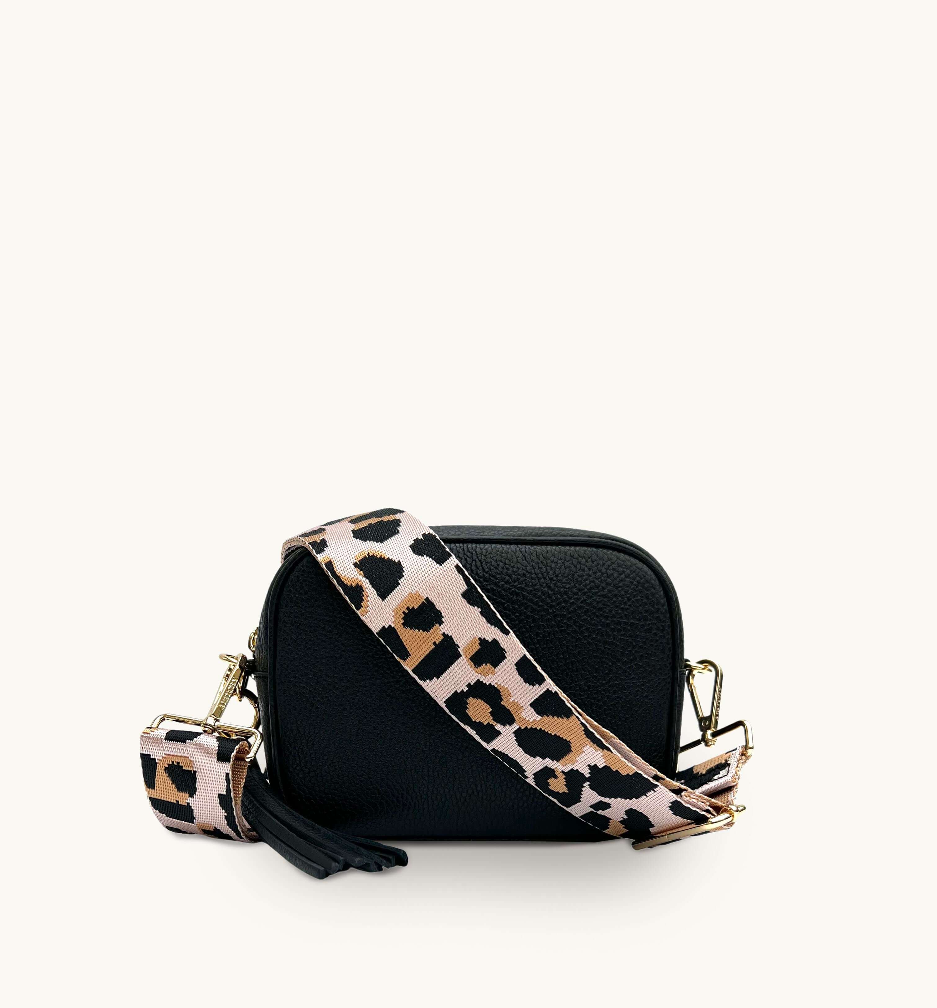 Black Leather Crossbody Bag With Pale Pink Leopard Strap – Apatchy London