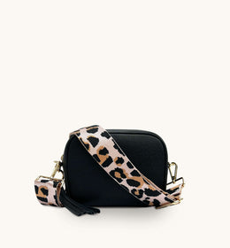 Apatchy Black Leather Crossbody Bag with Pale Pink Leopard Strap