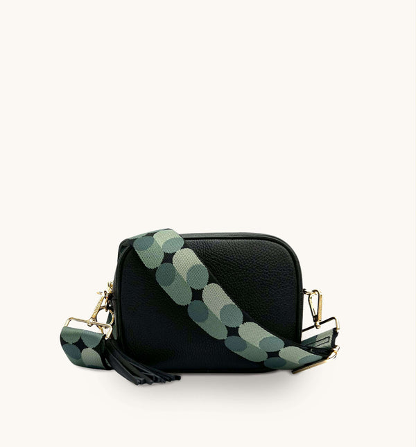 Apatchy Black Leather Crossbody Bag with Pistachio Pills Strap