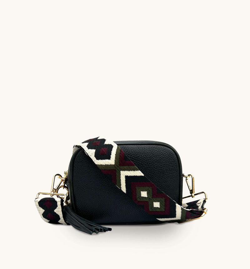 Apatchy Black Leather Crossbody Bag with Port and Olive Diamond Strap