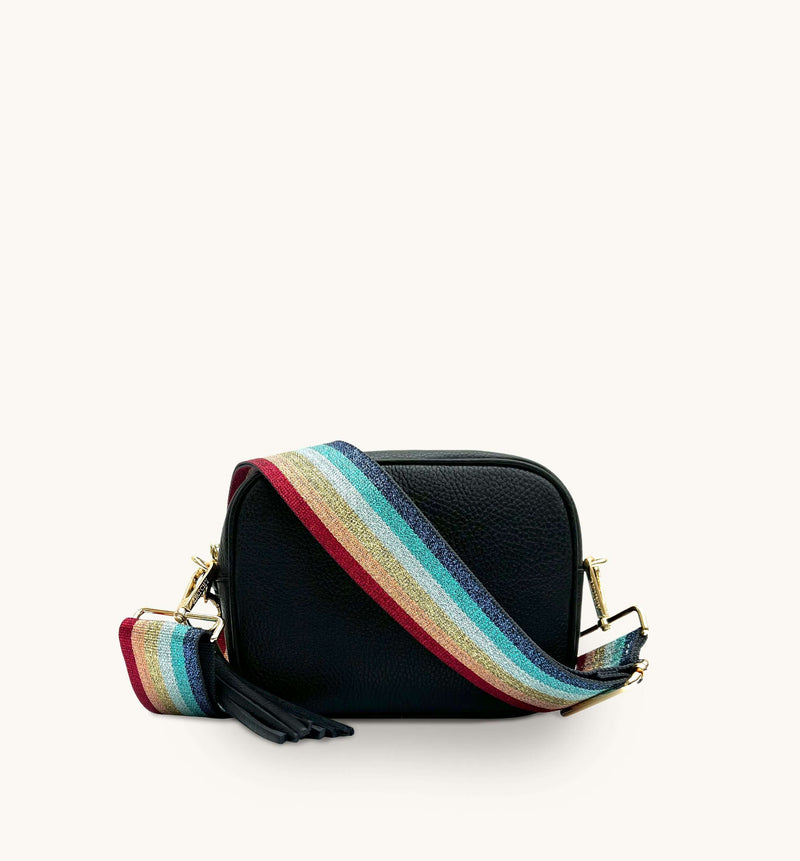 Apatchy Black Leather Crossbody Bag with Rainbow Strap