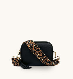 Black Leather Crossbody Bag With Tan Cheetah Strap