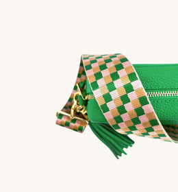 Bottega Green Leather Crossbody Bag With Green & Pink Check Strap