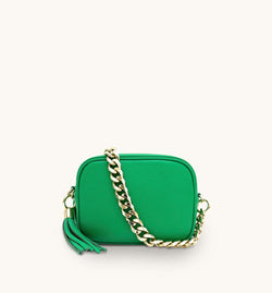 The Tassel Bottega Green Leather Crossbody Bag With Gold Chain Strap