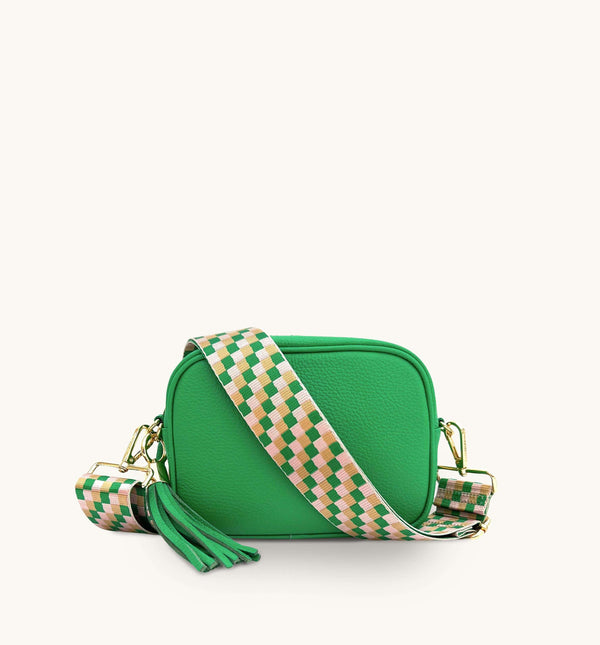 Apatchy Bottega Green Leather Crossbody Bag with Green and Pink Check Strap