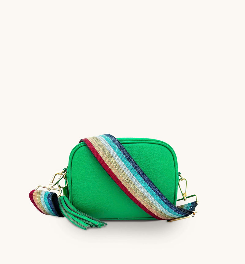 Apatchy Bottega Green Leather Crossbody Bag with Rainbow Strap