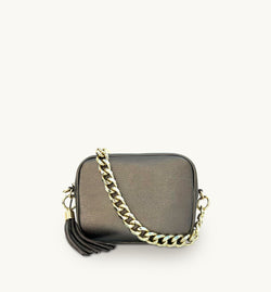 The Tassel Bronze Leather Crossbody Bag With Gold Chain Strap