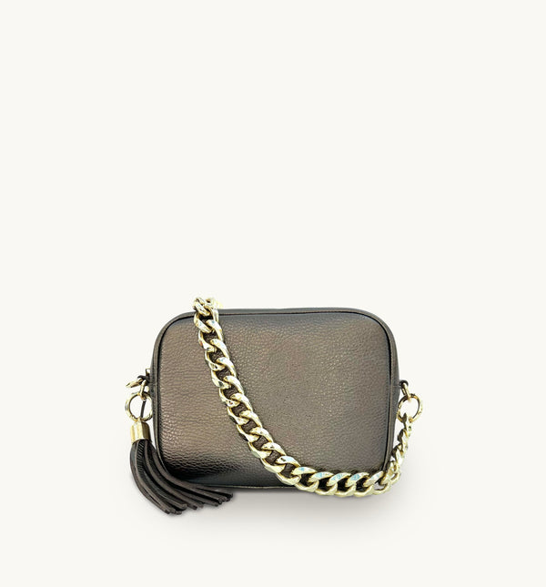 Apatchy Bronze Leather Crossbody Bag With Gold Chain Strap