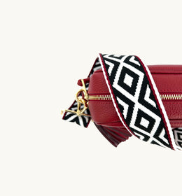 Cherry Red Leather Crossbody Bag With Black & Red Aztec Strap
