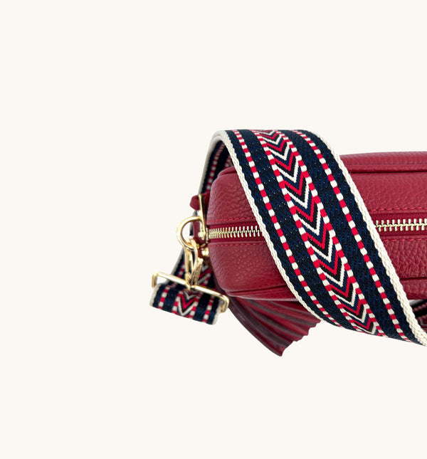 Cherry Red Leather Crossbody Bag With Navy Boho Strap