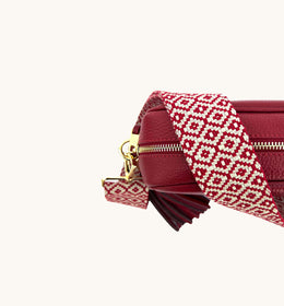 Cherry Red Leather Crossbody Bag With Red Cross-Stitch Strap