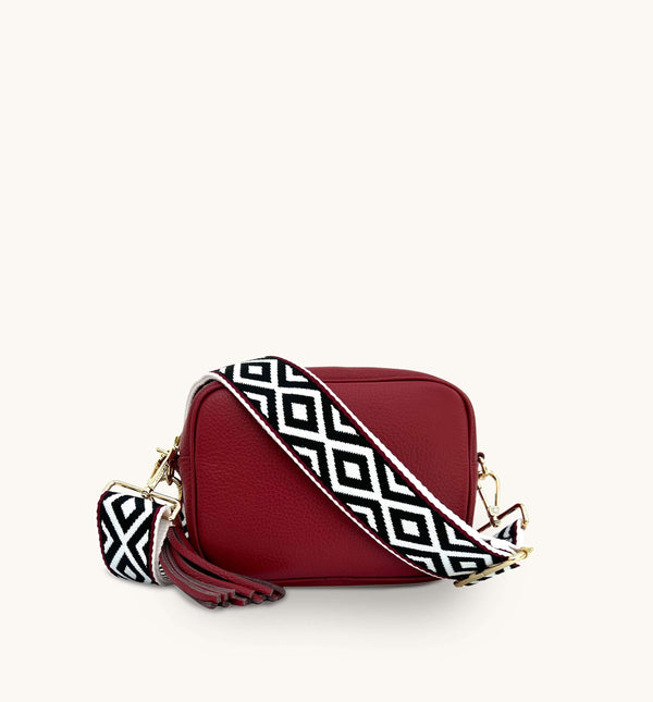 Apatchy Cherry Red Leather Crossbody Bag with Black and Red Aztec Strap