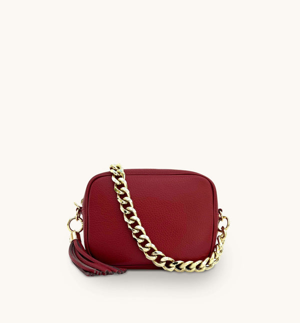 Apatchy Cherry Red Leather Crossbody Bag with Gold Chain Strap