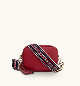 Apatchy Cherry Red Leather Crossbody Bag with Navy Boho Strap