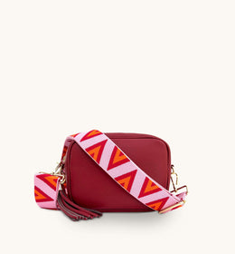 Apatchy Cherry Red Leather Crossbody Bag with Pink & Orange Triangle Strap