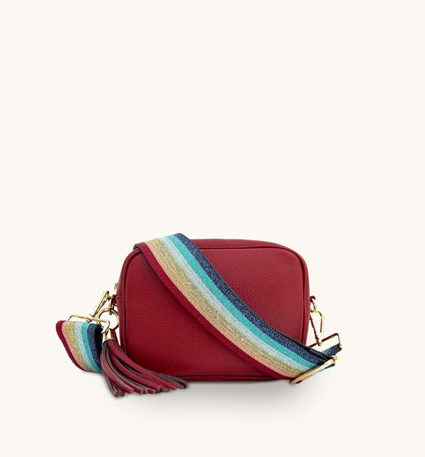 Apatchy Cherry Red Leather Crossbody Bag with Rainbow Strap
