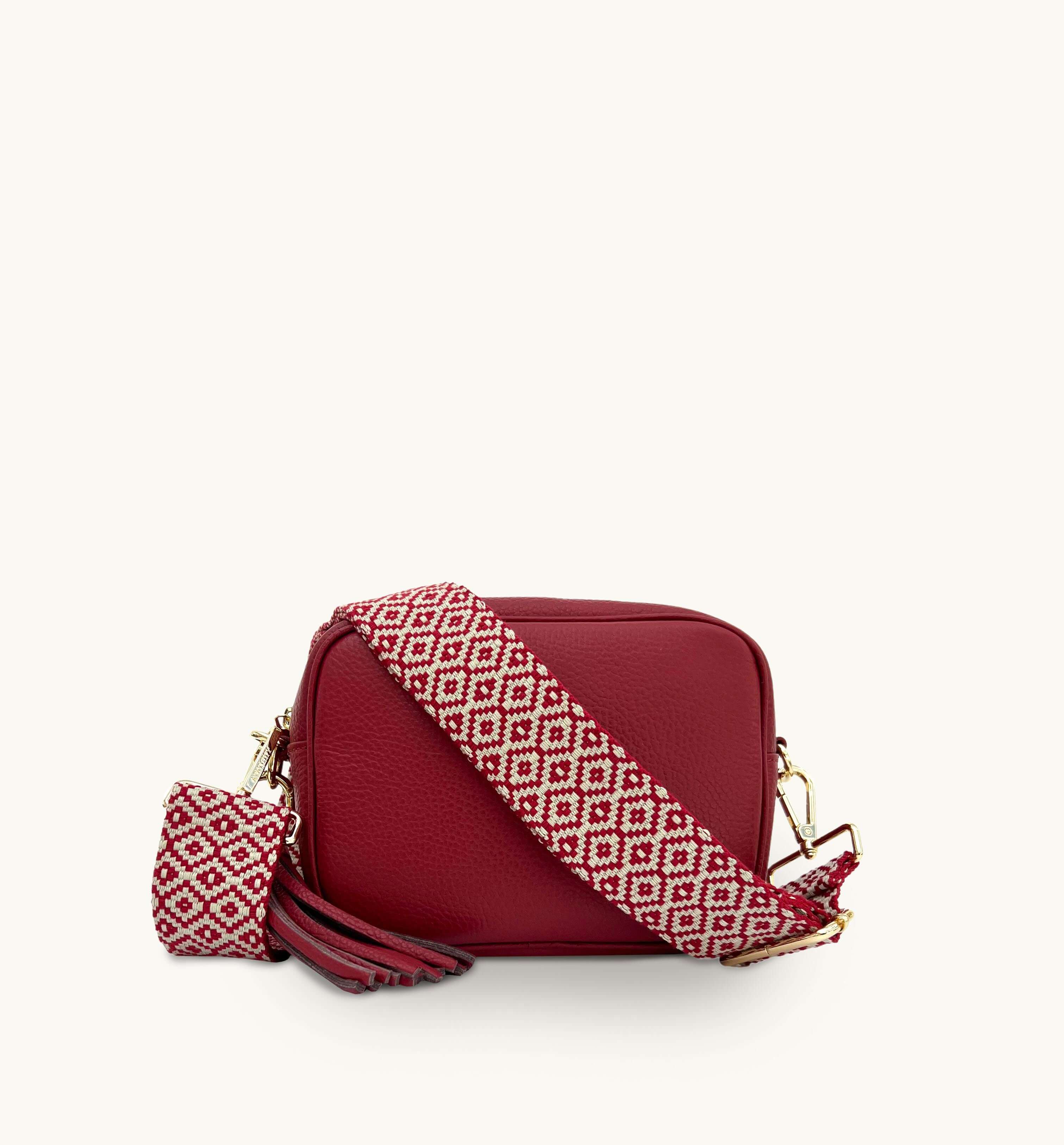 The Tassel Cherry Red Leather Crossbody Bag With Red Cross Stitch Stra