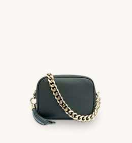 Apatchy Dark Grey Leather Crossbody Bag with Gold Chain Strap
