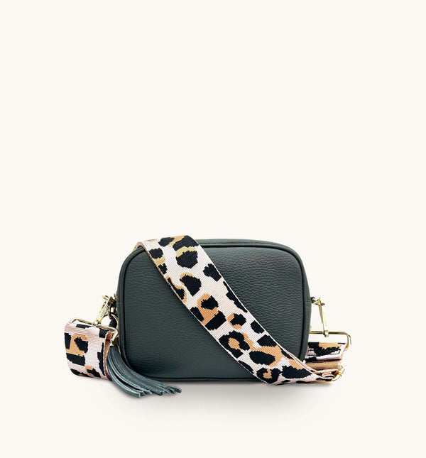 Apatchy Dark Grey Leather Crossbody Bag with Pale Pink Leopard Strap