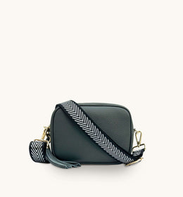 Apatchy Dark Grey Leather Crossbody Bag with Black and Silver Chevron Strap