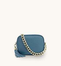Denim Blue Leather Crossbody Bag With Gold Chain Strap