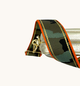 Gold Leather Crossbody Bag With Orange & Gold Stripe Camo Strap