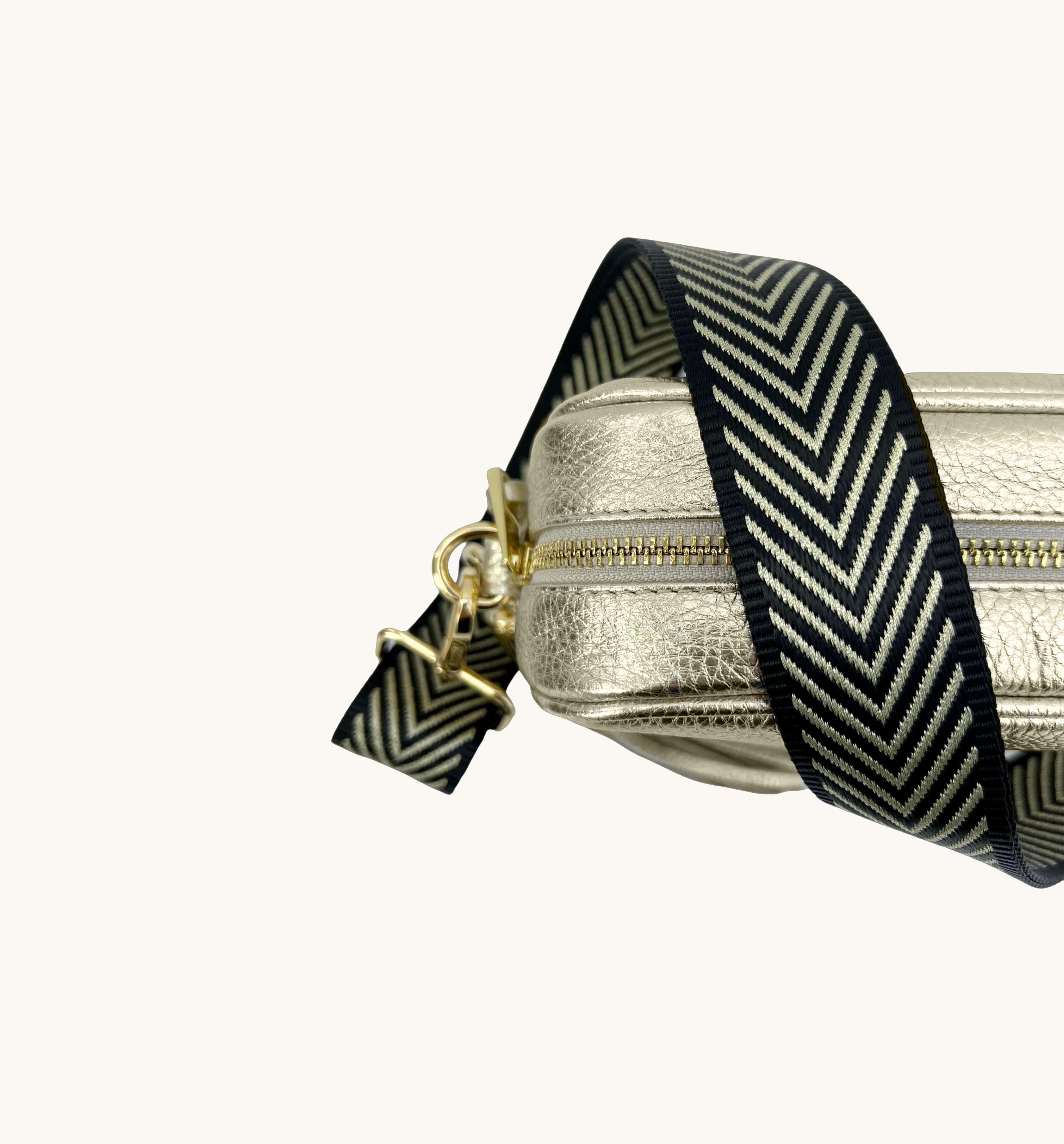 The Tassel Leather Crossbody Bag With Black & Gold Chevron Strap