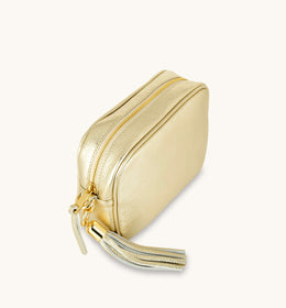 Gold Leather Crossbody Bag With Gold Chain Strap