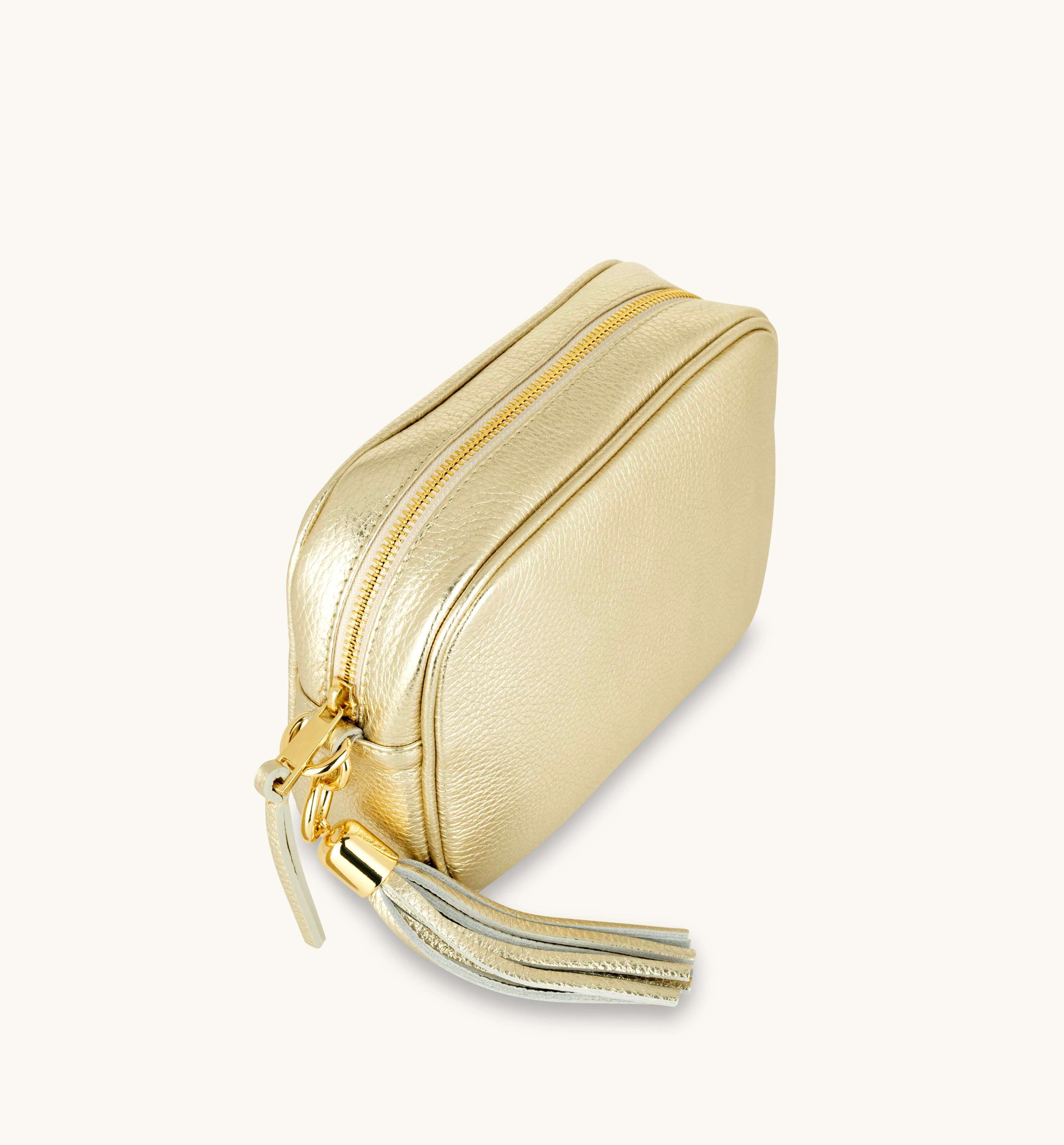 The Tassel Gold Leather Crossbody Bag With Black & Stone Arrow Strap