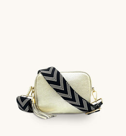 Apatchy Gold Leather Crossbody Bag with StrapApatchy Gold Leather Crossbody Bag with Black & Stone Arrow Strap