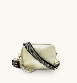 Gold Leather Crossbody Bag With Black & Gold Chevron Strap