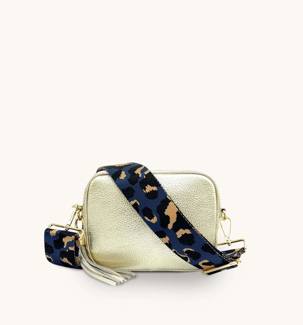 Apatchy Gold Leather Crossbody Bag with Navy Leopard Strap