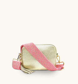 Gold Leather Crossbody Bag With Neon Pink Cross-Stitch Strap