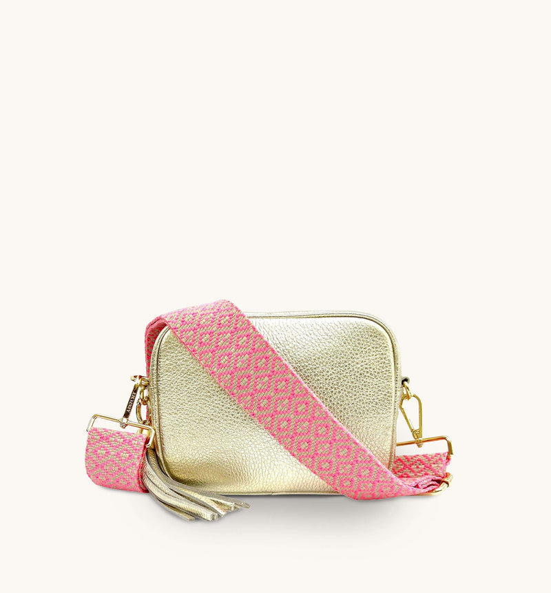 Apatchy Gold Leather Crossbody Bag with Neon Pink Cross-Stitch Strap