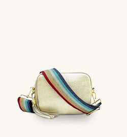 Gold Leather Crossbody Bag With Rainbow Strap