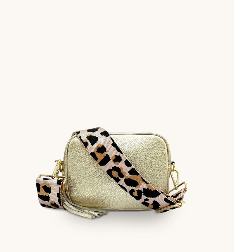 Apatchy Gold Leather Crossbody Bag with Pale Pink Leopard Strap